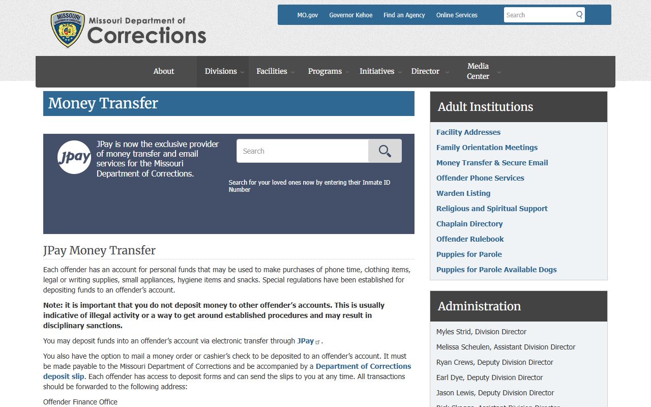Missouri DOC JPay money transfer instructions for Northeast Correctional Center inmates