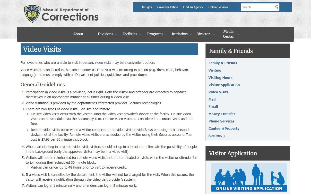 Missouri DOC video visit rules for Northeast Correctional Center inmate visits