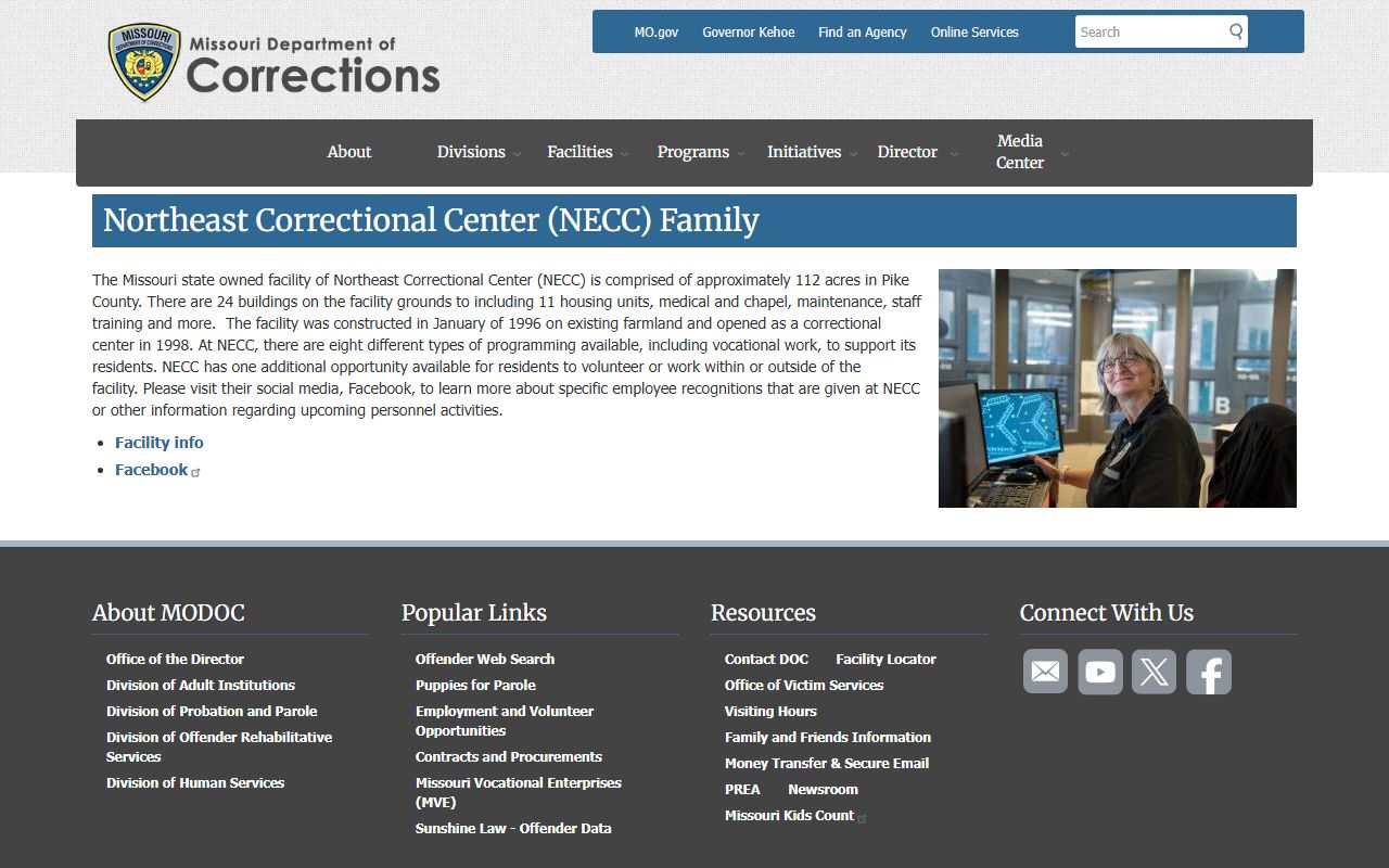 Northeast Correctional Center family information for housing units and programs