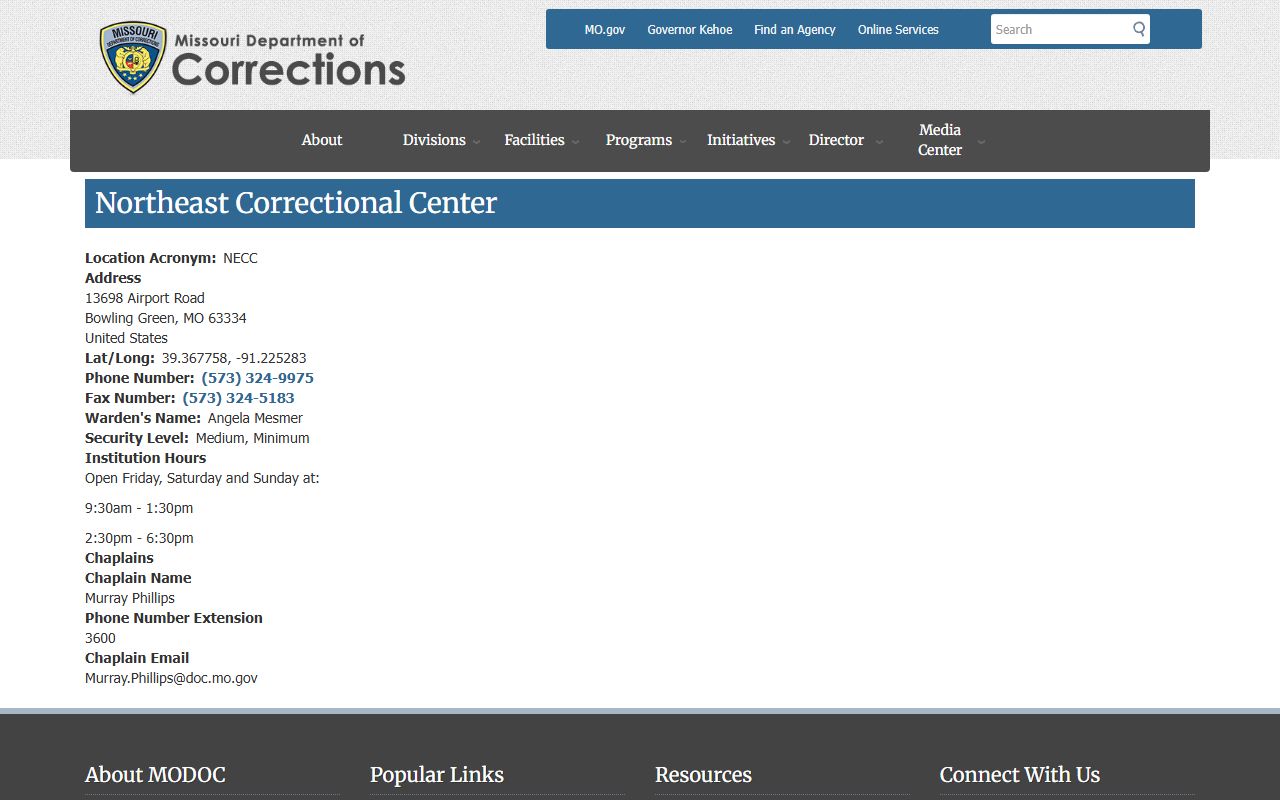 Northeast Correctional Center Missouri DOC facility page for inmate search and visiting