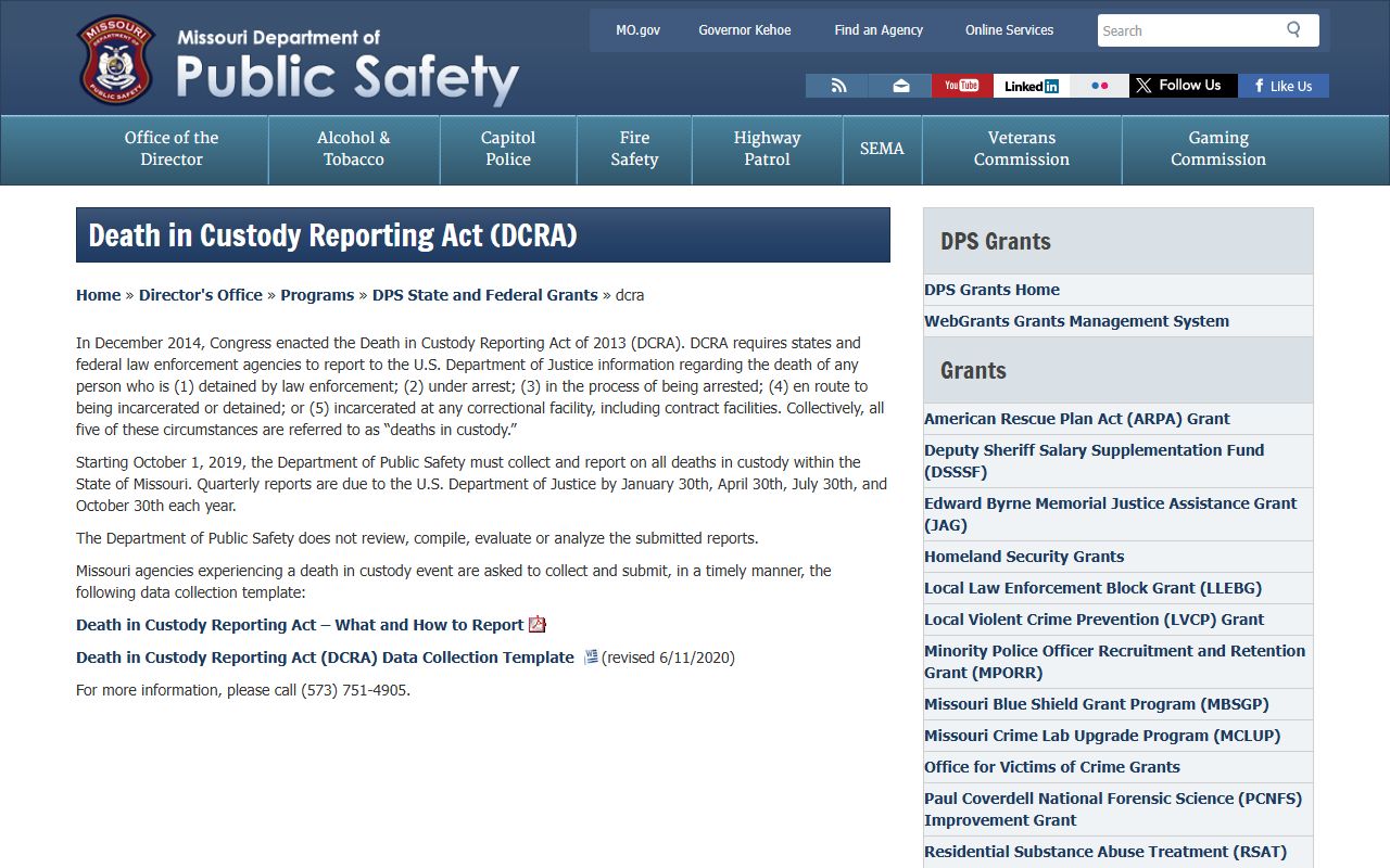 Missouri death in custody reporting for Pike County inmate population records
